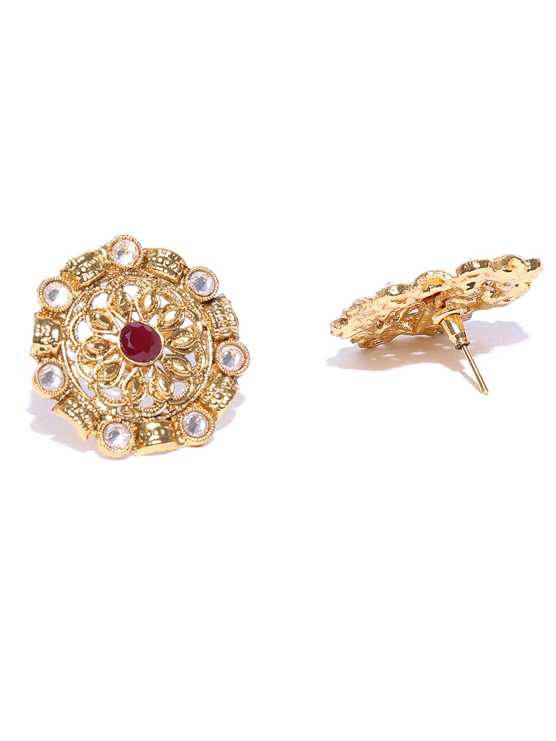 YouBella Red Gold-Plated Textured Circular Oversized Studs